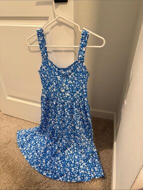 Amazon Blue Floral Sundress Midi with White Blossom Print